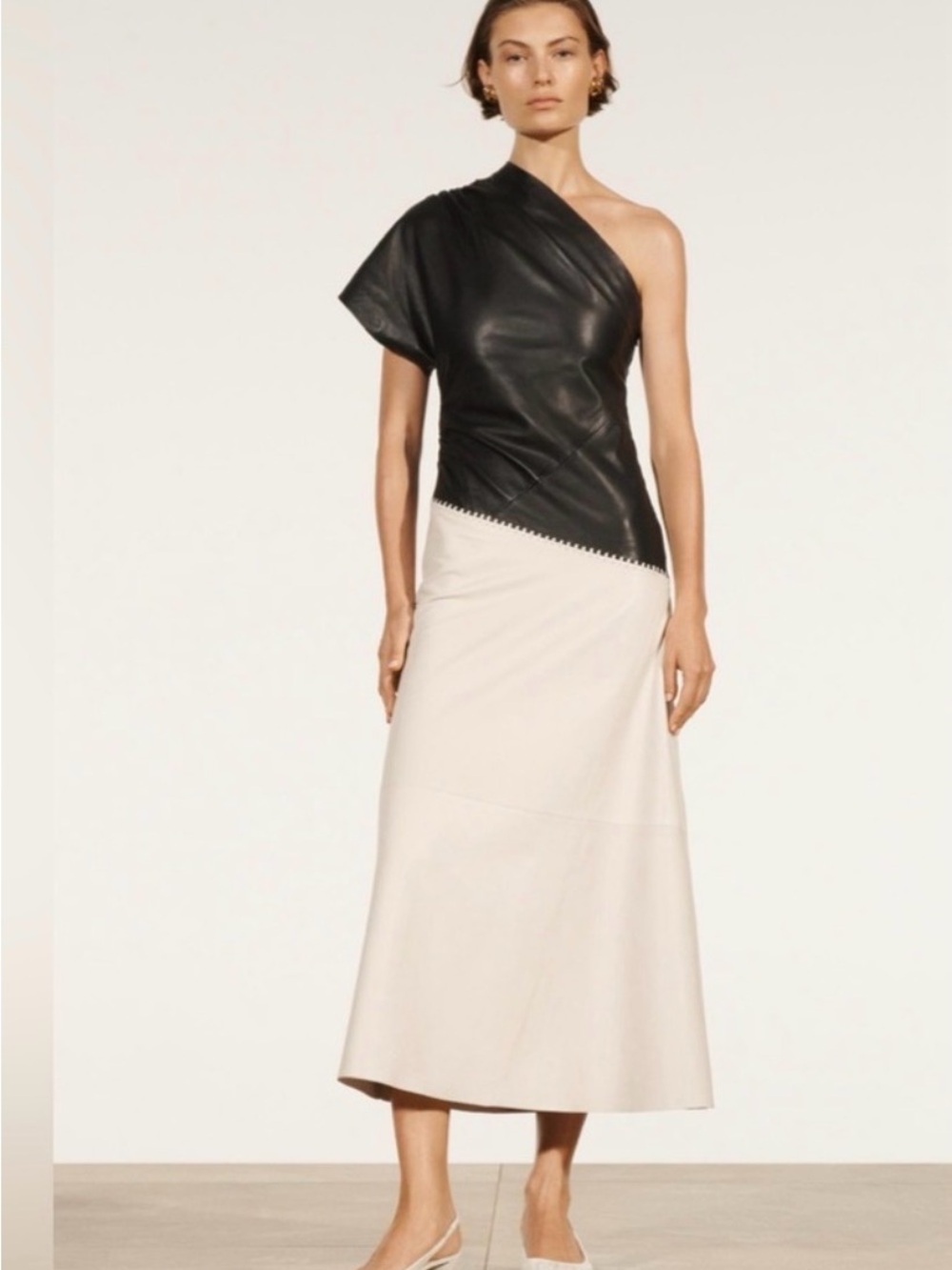 Zara One-Shoulder Black and Cream Midi Dress